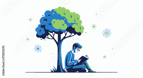 Thoughtful Learner Underneath a Large Tree Reading a Book In Peaceful Tranquility