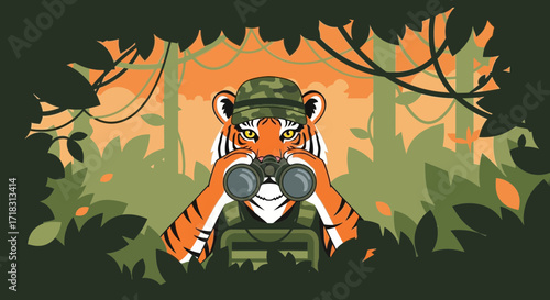 Tiger Observer Looks Through Binoculars in a Jungle with Military Attire