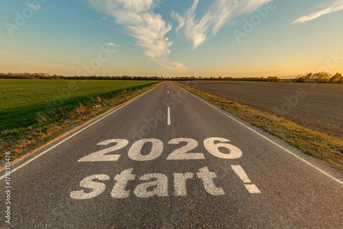 Wallpaper Mural numbers 2026 and start on asphalt road highway with cracks with sunrise or sunset sky background. concept of destination in future, freedom, work start, run, planning, challenge, target, new year Torontodigital.ca