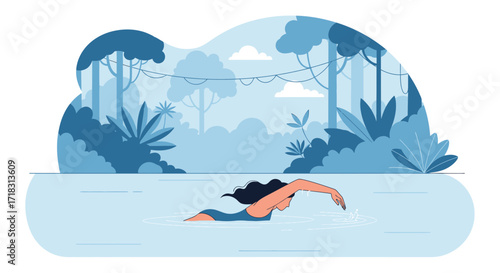 Tranquil Swimmer Glides Through Nature's Embrace: A Peaceful Journey in the Wilderness