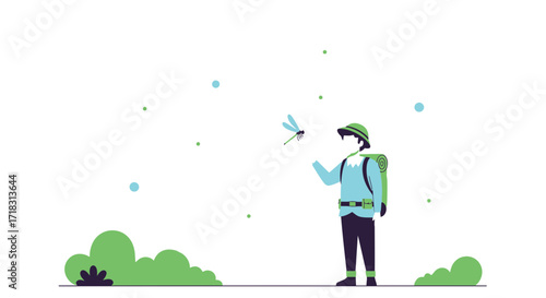 Traveler Observing Dragonfly, Vector Illustration Depicting Nature And Wanderlust