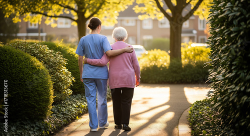 Healthcare worker with elderly woman on sunny path, senior support concept for eldercare advertising, hospital and clinic websites, senior living facilities, family care services, healthcare brochures
