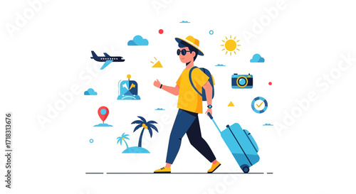 Traveling Companion Depicted Walking With Luggage Representing A Holiday Adventure
