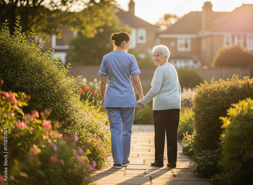 Obraz premium Healthcare worker with elderly woman on sunny path, senior support concept for eldercare advertising, hospital and clinic websites, senior living facilities, family care services, healthcare brochures
