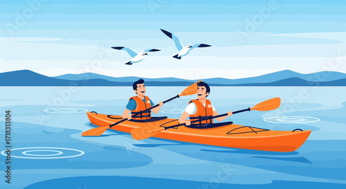 Two Friends Kayaking In The Ocean With Flying Seabirds Against A Beautiful Background