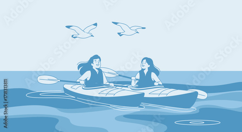 Two Friends Kayaking on Ocean Water with Overhead Birds Vector Illustration