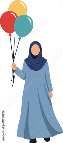 Woman in blue hijab holding colorful balloons celebrating festive occasion with joy and happiness vector illustration 