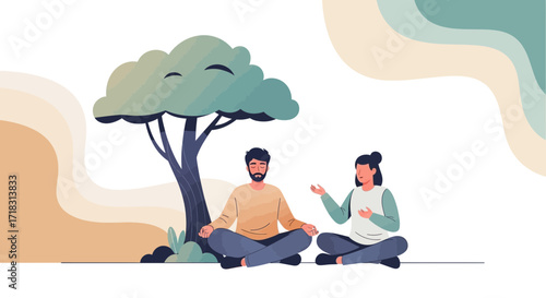 Two Individuals Practicing Meditation Under a Tree in a Peaceful and Tranquil Setting