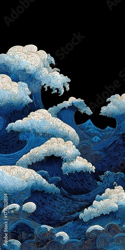 A detailed illustration of powerful ocean waves, depicted in shades of deep blue and white, against a striking black background.