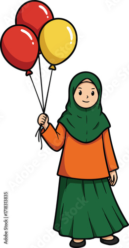 Girl in green hijab holding red and yellow balloons celebrating special occasion vector illustration 