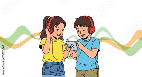 Two Kids Listen Intently to Music Together on Mobile Device with Headphones