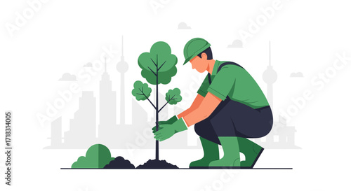 Urban Gardener Planting A Tree With City Skyline Background Illustrating Environmental Conservation