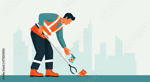 Urban Sanitation Worker Removing Litter And Debris From City Sidewalks For Cleanliness