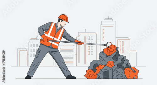 Urban Sanitation Worker Removing Debris From The Street For A Cleaner Environment