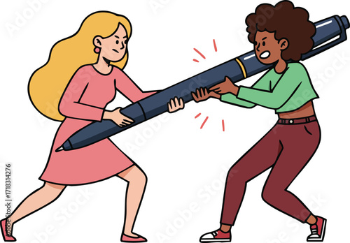 Two women struggling over oversized pen in creative conflict and teamwork concept vector illustration 