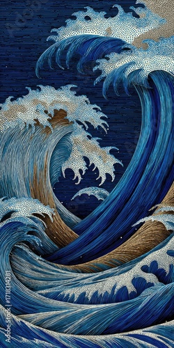 Intricate navy blue and beige waves, detailed and textured, create a captivating ocean scene.