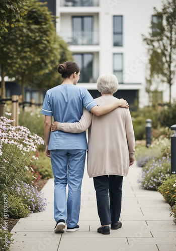 Healthcare worker with elderly woman on sunny path, senior support concept for eldercare advertising, hospital and clinic websites, senior living facilities, family care services, healthcare brochures