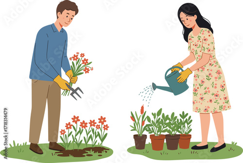 Gardening teamwork, planting flowers, watering plants, outdoor activity, spring garden, eco lifestyle, nature care, floral beauty, hobby, green environment