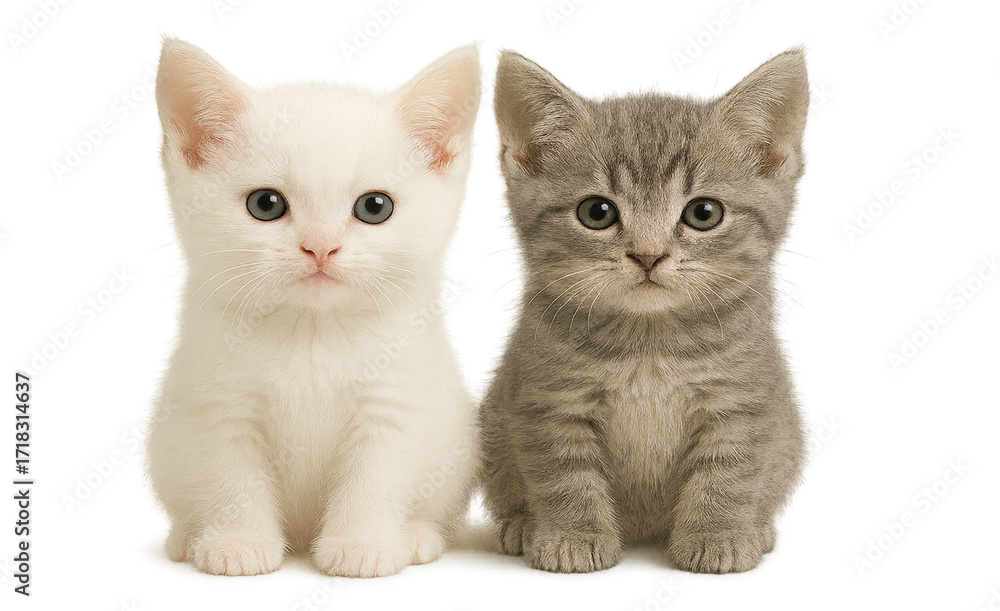 Obraz premium Two adorable kittens one white and one tabby sitting side by side