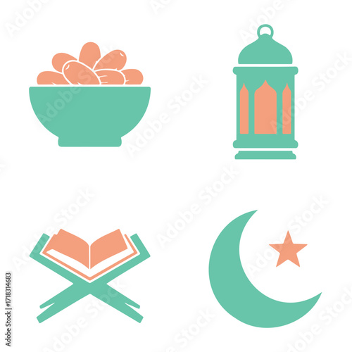 A set of four minimalist icons representing Islamic culture and Ramadan, featuring dates, a lantern, the Quran, and a crescent moon with a star, in teal and peach colors.