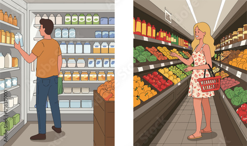 Grocery shopping, supermarket aisle, fresh produce, dairy section, consumer behavior, food choice, retail environment, healthy lifestyle, daily routine, market diversity