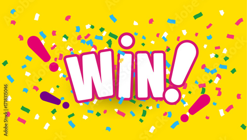 Enter to win prizes. vertical banner. white gift box on orange background and exclamation marks. Fireworks or confetti around. Cartoon origami style vector illustration.