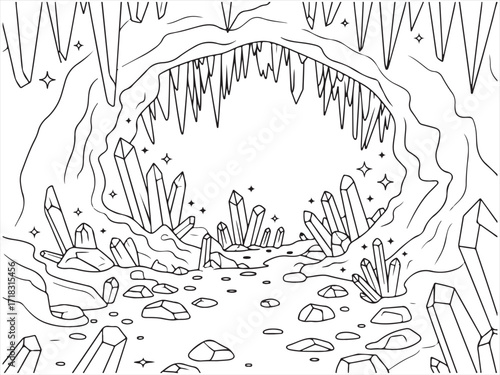 Fantasy Cave Interior with Shimmering Crystals and Rocks