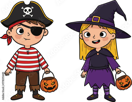 Halloween kids in costume, pirate and witch, holding pumpkin buckets, festive dress up, spooky celebration, trick or treat fun