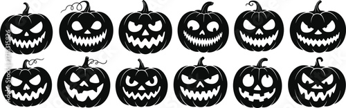 Halloween pumpkin faces, scary jack o lantern silhouettes, spooky carved pumpkins, horror Halloween design, creepy pumpkin illustration, Halloween decoration vector