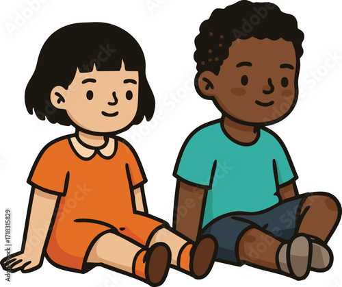 Two children sitting together smiling and enjoying friendship in casual colorful clothes vector illustration 