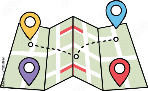 Folded map with colorful location pins and dashed route path vector illustration