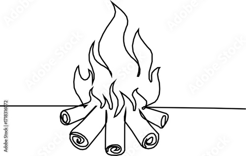  one continuous line drawing of campfire. Bonfire outline drawing illustration.