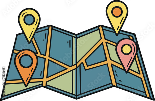 Folded paper map with colorful location markers for travel navigation and route planning vector illustration 
