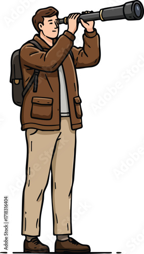 Man with backpack observing through telescope standing on white background outdoor exploration vector illustration 