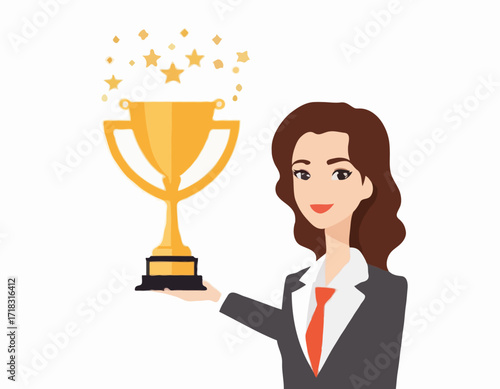 Business Woman Holding Trophy Image vector isolated on white background.