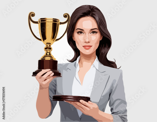 Business Woman Holding Trophy Image vector isolated on white background.