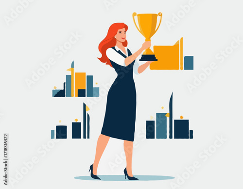 Business Woman Holding Trophy Image vector isolated on white background.
