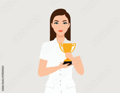 Business Woman Holding Trophy Image vector isolated on white background.