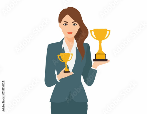 Business Woman Holding Trophy Image vector isolated on white background.