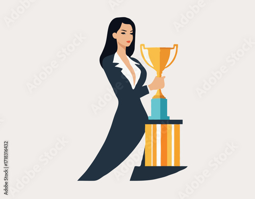 Business Woman Holding Trophy Image vector isolated on white background.