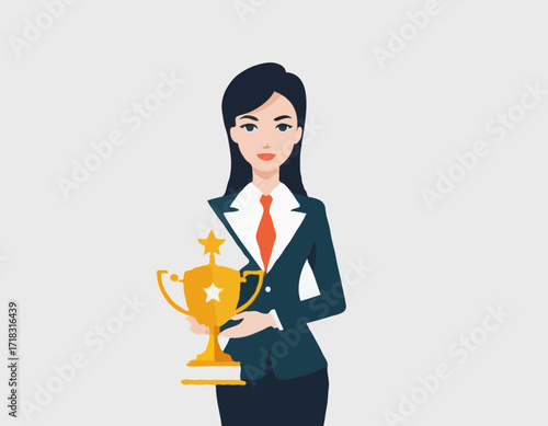 Business Woman Holding Trophy Image vector isolated on white background.