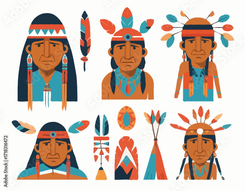 Old Native American Man Images vector isolated on white background.