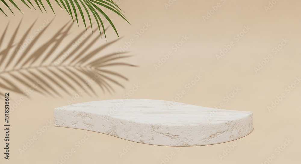 Obraz premium Beige background with white stone podium, palm leaf shadow overhead, showcasing product display space, ideal for minimalist branding or summer themes