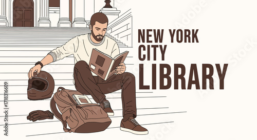 Illustration of a stylish motorcyclist reading a book on the steps of a library in New York City