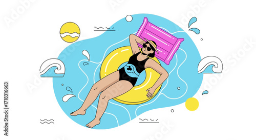 Illustration of a woman relaxing on a inflatable ring and mattress in summer holiday