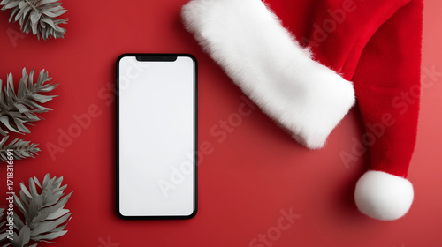 A smartphone with a blank screen topped by a Santa hat, blending modern technology with festive Christmas cheer and playful holiday spirit on red background