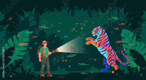Illustration of adventurer facing a tiger in a jungle with a flashlight at night scene
