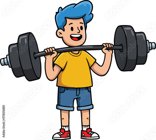 Boy lifting heavy barbell weight training exercise with blue hair and yellow shirt vector illustration 
