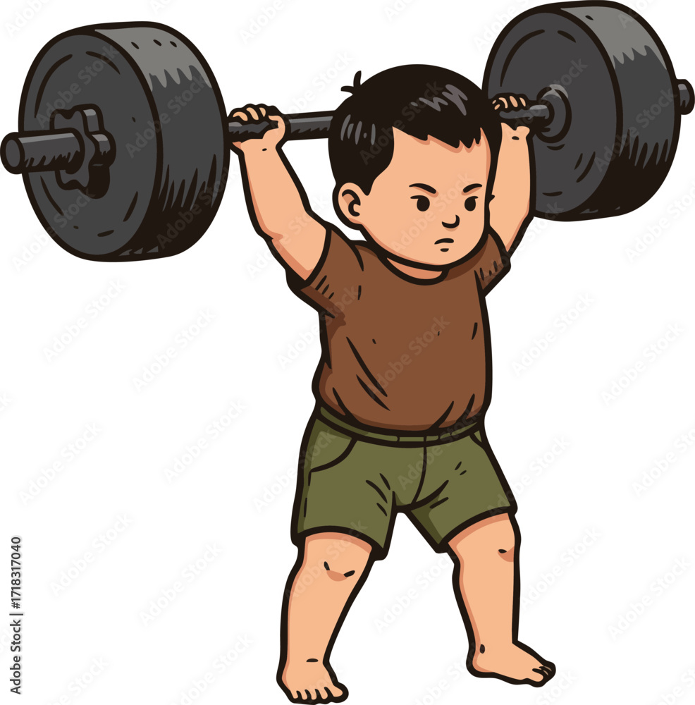 Obraz premium Young boy lifting heavy barbell weight training strength exercise workout muscles illustration 