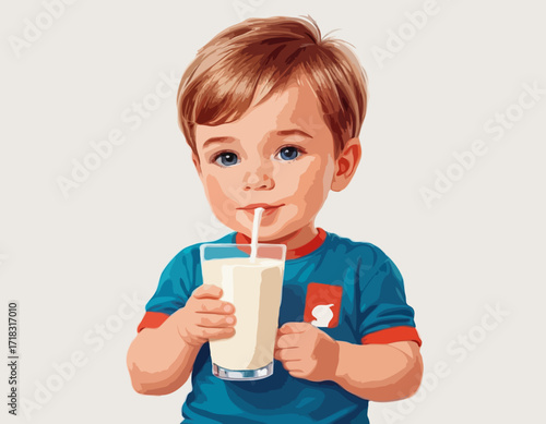 Cute little boy with glass of milk drink image vector isolated on white background.